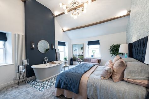 Open Plan Bedroom And Bathroom, Bedroom With Bathtub, Bedroom With A Bathroom, Side Return Kitchen Extensions, Metro White, Huge Bed, Beautiful Bathtubs, Open Bathroom, Bedroom With Bath