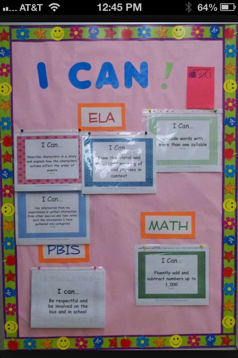 CCSS board - for weekly goals? I Can Statement Bulletin Board Ideas, Objective Bulletin Board, Objectives Board, Learning Targets, I Can Statements, Bulletin Board Ideas, Education Organization, Classroom Bulletin Boards, School Bulletin Boards