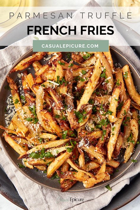 Elevate your French fry game with these delicious Parmesan Truffle Fries. Crispy on the outside and tender on the inside, the fries are tossed in grated parmesan cheese and truffle oil. Enjoy these tasty fries as a side dish or shareable appetizer. French Fry Recipe Ideas, Sides Potatoes, Meal Sides, Parmesan Truffle Fries, Yummy Fries, Homemade Truffles, French Fries Recipe, Homemade French Fries, Truffle Fries