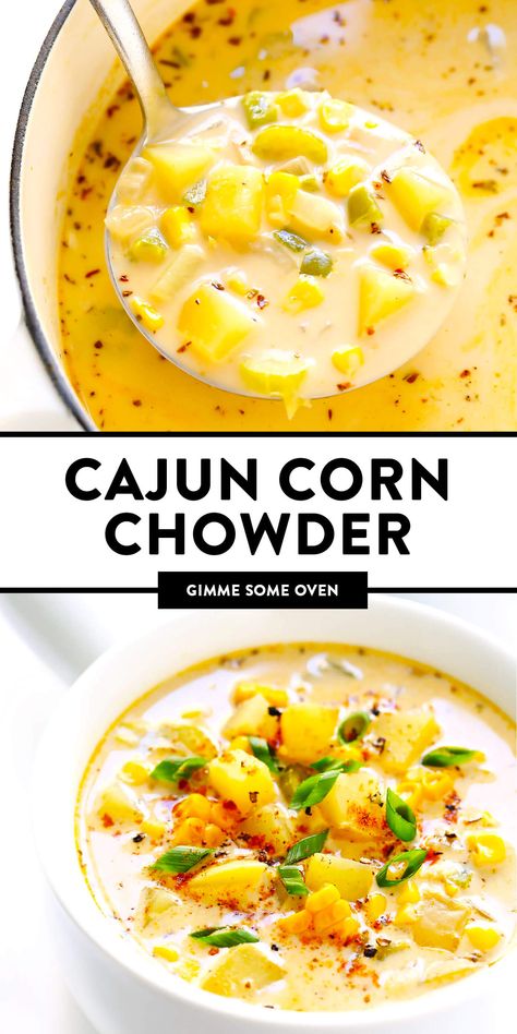 LOVE this zesty Cajun Corn Chowder recipe! It's lightened up with healthier ingredients, including lots of protein-packed lentils and creamy coconut milk, and it's the perfect dinner recipe for summer and fall. | Gimme Some Oven #corn #chowder #soup #vegan #glutenfree #vegetarian #healthy #dinner #cajun #recipe Vegan Cajun Recipes, Oven Corn, Cajun Corn, Corn Chowder Recipe, Chowder Soup, Chowder Recipe, Soup Vegan, Perfect Dinner, Tasty Vegetarian Recipes