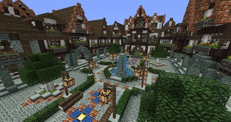 Minecraft Town Square, Minecraft Mansions, Medieval Town Square, Medieval Square, Blueprints Minecraft, Minecraft Medieval Village, Mind Craft, Minecraft Town, Minecraft Kingdom