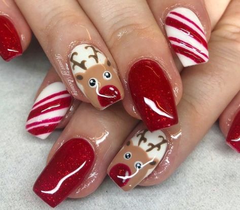 Nails Reindeer, Deer Nails, 26 December, Holiday Nails Winter, Holiday Nails Christmas, Candy Cane Nails, December Nails, Cute Christmas Nails, Christmas Gel Nails