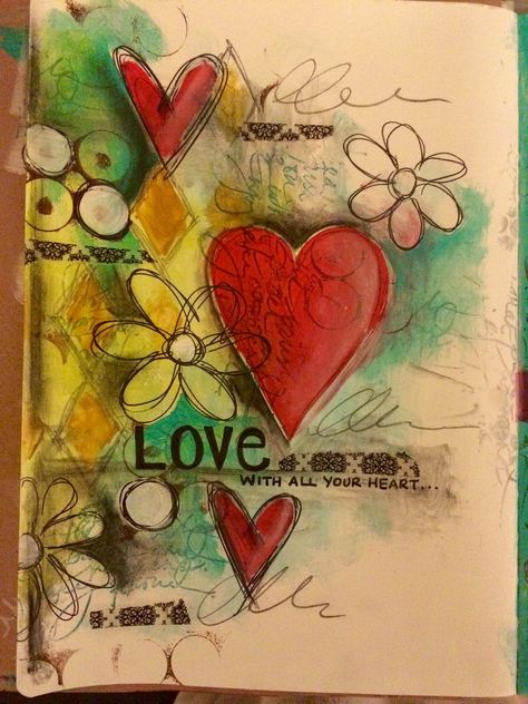 Love with all your heart ❤️ Art Journal Love, Love With All Your Heart, Heart Journal, Mixed Media Art Canvas, Love Journal, Art Heart, Journal Art, Journal Page, Mixed Media Art Journaling