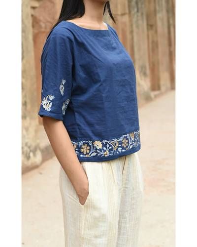 Blue Crop Top I Shop at :http://www.thesecretlabel.com/ekadi Handloom Tops Cotton, Top For Jeans Indian, Cotton Tops For Jeans Indian, Short Tops With Jeans, Georgette Tops For Jeans, Cotton Tops Designs Casual, Short Kurtis For Jeans Cotton Style, Short Tops With Jeans Indian, Cotton Tops Designs For Jeans