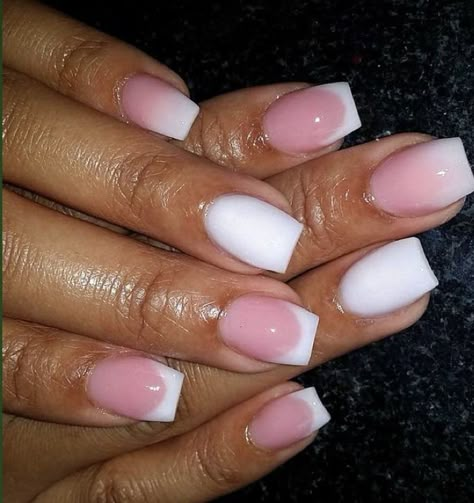 Pink Acrylic Nails With White Tip, Shorties Dip Nails, Short Pink White Ombre Nails, Pink And White Tip Acrylic Nails, Square Pink And White Ombre Nails, Short Ombre Pink And White Nails, Short Acrylic Pink And White Nails, Pink And White Overlay Nails, Pink And White French Dip Powder Nails