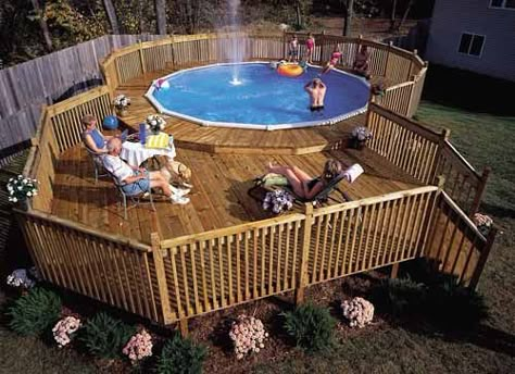 Build A Backyard Pool Deck  - PopularMechanics.com, link to free plans using floating piers Piscina Pallet, Decks Around Pools, Above Ground Pool Deck, Pool Deck Plans, Swimming Pool Decks, Above Ground Pools, Above Ground Pool Landscaping, Above Ground Pool Decks, Ground Pools