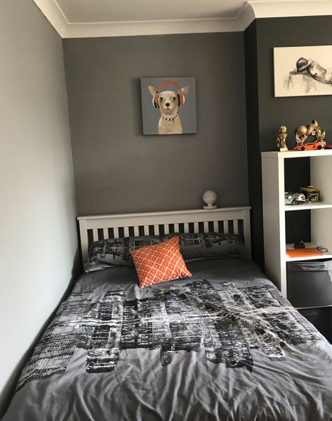 Grey Teenage Boys Room, Gray Teen Bedroom, Boys Bedroom Color Schemes, Orange Boys Rooms, Pre Teen Boys Room, Boys Bedroom Grey, Grey Boys Rooms, Boys Bedroom Colors