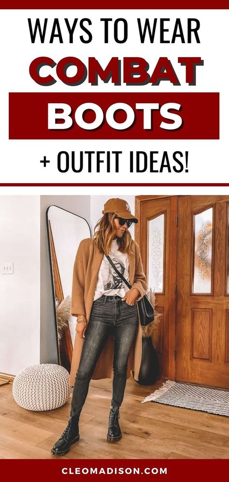 girl standing in front of door Outfits With Combat Boots Winter, Outfits With Combat Boots Fall, Styling Combat Boots Outfit Ideas, Combat Boots Fall Outfit, Boots Outfit Ideas For Women, Combat Boots With Jeans, Jeans With Combat Boots, Styling Combat Boots, Combat Boots Outfit For Women