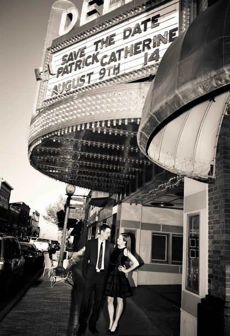 Save the Date | Movie Theater Marquee | Wedding | The Knot | Janelle Elaine Photography | Marquette Michigan | http://www.janelleelainephotography.com/ Movie Save The Date Ideas, Movie Theater Engagement Photoshoot, Old Movie Theater Photoshoot, Movie Theater Photoshoot Ideas, Movie Theater Engagement Photos, Theatre Photoshoot, Kitschy Wedding, Movie Theater Wedding, Date Movie