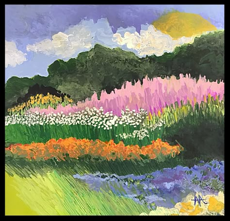 Garden Paintings Acrylic, Flower Garden Acrylic Painting, Abstract Flower Painting Acrylic, Colorful Landscape Paintings, Abstract Tree Painting, Oil Pastel Art, Landscape Art Painting, Garden Painting, Abstract Landscape Painting