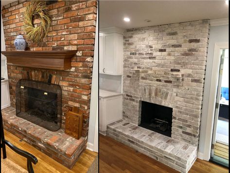 20 Limewash Brick House (with Before and After Photos) - A House in the Hills Limewash Brick Fireplace Before And After, Limewash Brick House, Chimney Ideas, Limewash Brick, Slaked Lime, Lime Wash Brick, White Wash Brick Fireplace, House In The Hills, Brick Fireplaces