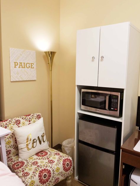 My daughter's UCF Neptune dorm décor - Fall 2019. Ikea Hacks Closet, Dorm Room Kitchen Area, Ucf Dorm, Dorm Storage Ideas, Room Diys, Dorm Room Kitchen, Ideas Cuarto, Closet Solutions, Freshman Dorm