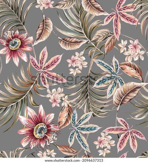 Tropical Exotic Colorful Seamless Pattern Illustration Stock Illustration 2096637313 | Shutterstock Abstract Pattern Design, Digital Texture, Art Deco Wallpaper, Digital Borders Design, Flower Art Images, Tropical Art, Abstract Drawings, Digital Flowers, Bunch Of Flowers