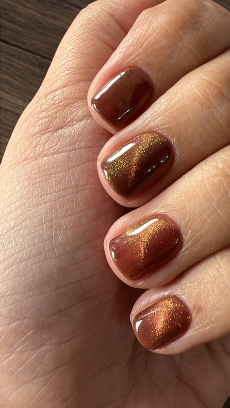 Cateyes Nails Fall, Brown Copper Nails, Thanksgiving Nails Cat Eye, Caramel Colored Nails, Wedding Cat Eye Nails, Brown And Gold Nail Art, Cats Eye Manicure, Bronze Gel Nails, Brown Cats Eyes Nails