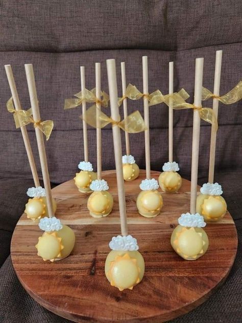 Yellow Treat Table, Sun Theme Dessert Table, First Trip Around The Sun Birthday Treats, Sun Themed Cake Pops, Here Comes The Son Treats, Mr Golden Sun Birthday, Here Comes The Sun Cake Pops, Sun Theme Desserts, First Trip Around The Sun Treats