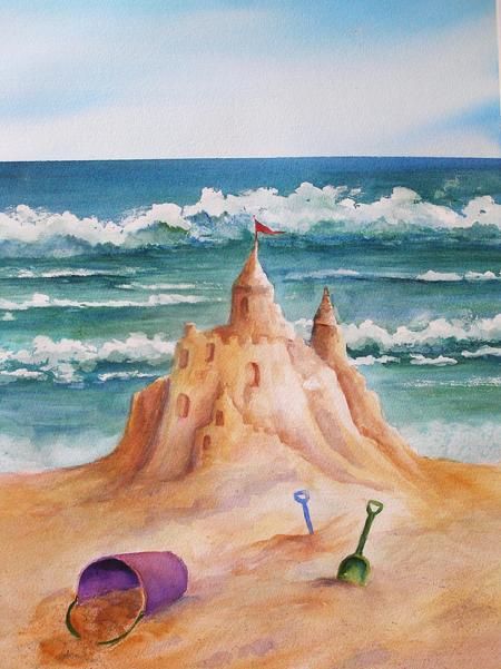 Watercolor Bicycle, Beach Sand Castles, Beach Huts Art, Sand Drawing, Castle Illustration, Castle Drawing, Beach Drawing, Castle Painting, Watercolor Art Journal