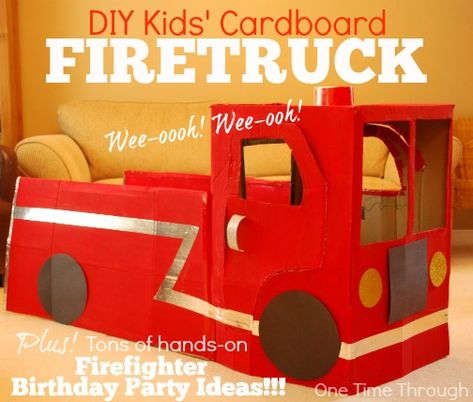 Cardboard Firetruck, Firefighter Dramatic Play, Cardboard Fire, Cardboard Train, Fire Truck Birthday Party, Fire Truck Birthday, Fireman Party, Firetruck Birthday Party, Fire Truck Party