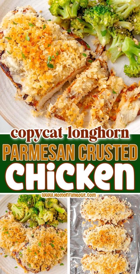 This copycat Longhorn Parmesan Crusted Chicken brings the restaurant's beloved dish right to your kitchen! Delicious and satisfying, this easy recipe rivals the original with juicy chicken breasts topped with seasoned butter, lots of cheese and a Parmesan-Panko topping. Get ready to savor the crispy, flavorful crust and juicy chicken that has made this dish a fan favorite! | MomOnTimeout.com Parmesan Crusted Chicken Casserole, Chicken Breast Ideas Dinner Tonight, Quick And Easy Appetizers Finger Foods, Longhorn Parmesan Crusted Chicken Recipe, Longhorn Restaurant, Copycat Longhorn, Longhorn Parmesan Crusted Chicken, Seasoned Chicken Breast, Quick Chicken Breast Recipes