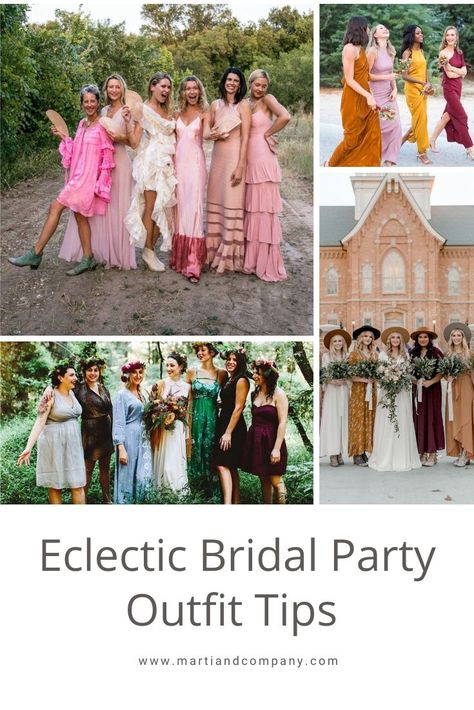 Non Traditional Bridesmaid Outfits, Unique Bridal Party Outfits, Eclectic Bridal Party, Eclectic Wedding Party, Non Traditional Bridesmaids, Unconventional Bridesmaid Dresses, Eclectic Bridesmaid Dresses, Bridal Party Outfits, Modern Bridal Party