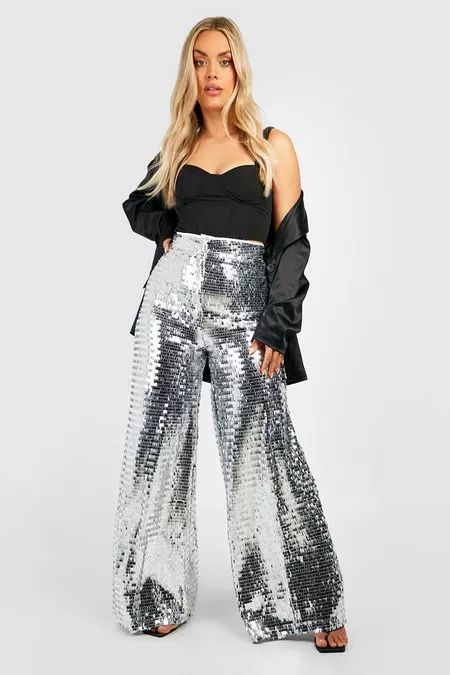 Plus Size Disco Outfit, Plus Size Party Outfit, Sequins Pants Outfit, Sequin Wide Leg Pants, Glitter Ball, Peach Tree, Twist Front Dress, Sequin Outfit, Sequin Midi Dress