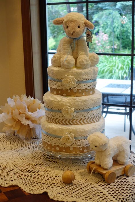 Diaper Cake for neutral Lamb Baby Shower. Lamb Nursery Theme Gender Neutral, Sheep Themed Baby Shower Ideas, Lamb Theme Baby Shower Ideas, Baby Lamb Baby Shower Ideas, Sheep Baby Shower Ideas, Little Lamb Baby Shower Ideas, Lamb Baby Shower Ideas, Lamb Baby Shower Theme, Baby Shower Ideas Gender Neutral