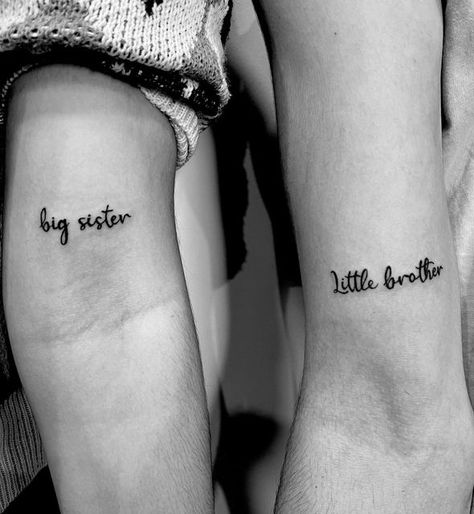 Little Brother Big Sister Tattoos, Two Brothers One Sister Tattoo, Tattoos To Get With Your Brother, Brother Sister Tattoo Design, Big Sister Little Brother Tattoo, Bro And Sis Tattoo, Matching Tattoos For Siblings Brother And Sister, Brother Sister Matching Tattoos, Sibling Tattoos Brother And Sister For 2