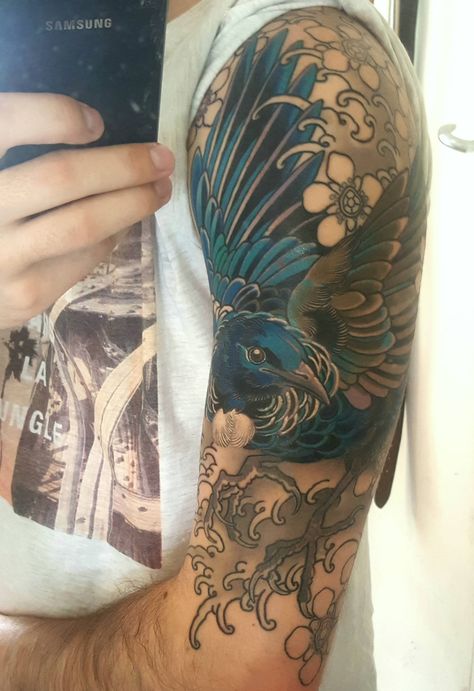 WIPTui Bird half sleeve tattoo from Dean at Sacred TATTOO, Kingsland NZ Half Sleeve Tattoo Template, Maori Tattoo Frau, Geometric Tattoo Bird, Bird Tattoo Sleeves, Bird Tattoos Arm, Sacred Tattoo, Cool Half Sleeve Tattoos, Half Sleeve Tattoos Drawings, Maori Tattoos