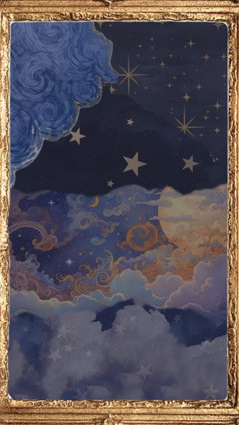 #wallpaper #blue #star #aesthetic #night #gold #goldframe #sky #painting #clouds Blue Star Aesthetic, Blue And Gold Wallpaper, Gold Wallpaper Phone, Star Aesthetic, Painting Clouds, Gold Rooms, Gold Aesthetic, Sky Painting, Cloud Painting