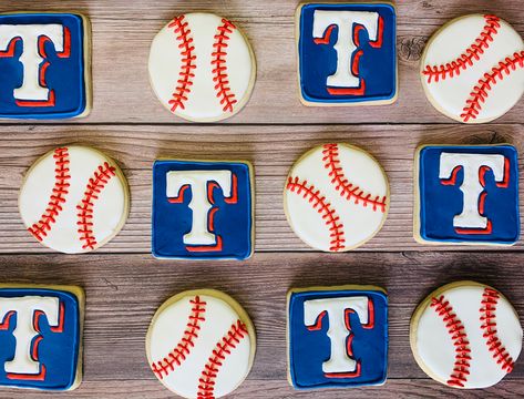 Decorated Sugar cookies Texas Rangers Cookies Decorated, Texas Rangers Cookies, Ranger Cookies, Texas Ranger, Decorated Sugar Cookies, Cookies Decorated, Cookie Ideas, Icing Cookies, Royal Icing Cookies