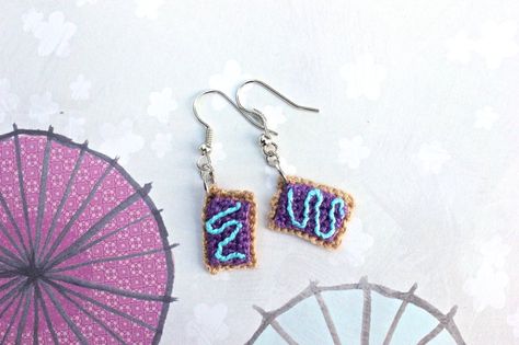 Kawaii Mini Amigurumi Wild-Berry Pop-Tart Earrings by SkySinger92.deviantart.com on @deviantART Crocheted Pokemon, Pokemon Earrings, Miniature Jewelry, Crochet Pokemon, Mini Amigurumi, Earrings Crochet, Pop Tart, Miniature Things, Wild Berry