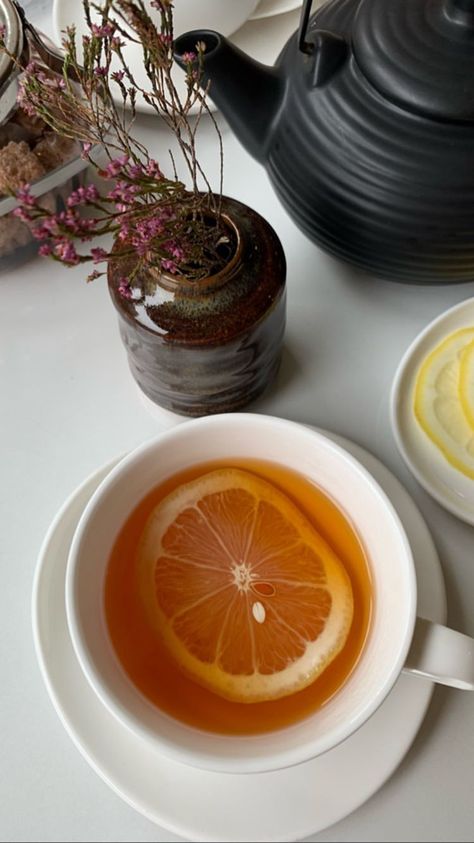 Tea Aesthetic, Orange Tea, Aesthetic Collage, Grapefruit, Tea Time, Fruit, Tea, Tableware, Orange