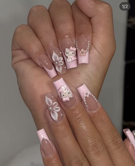 Nail Inspo Pink Hello Kitty, Medium Nails Acrylic Hello Kitty, Light Pink Nails Hello Kitty, Hello Kitty Inspired Nails, Hello Kitty Nails With 3d Flower, Pink Nails With Hello Kitty Charms, Hello Kitty Nails, Cat Nails, Girly Acrylic Nails