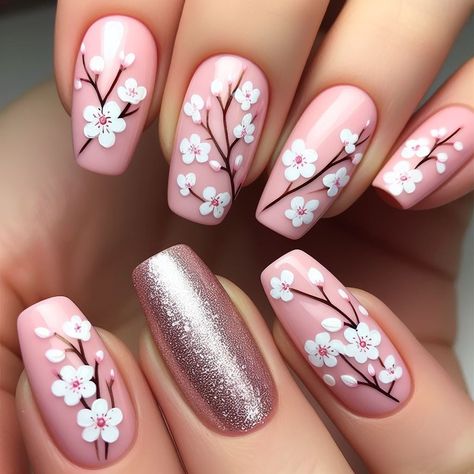 Nail Art Designs Cherry Blossoms, Spring Nails Cherry Blossom, Cherry Blossoms Nail Art, Apple Blossom Nails, Pink Cherry Blossom Nails, Sakura Nails Design, Japanese Cherry Blossom Nails, Cherry Blossom Nails Design, Nail Art Fleur