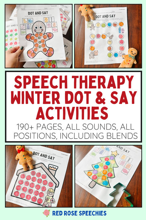 Speech Therapy Winter Dot and Say Activities for ALL Speech Sounds in ALL positions. 190+ Worksheets for all speech therapy targets. These no prep, easy worksheets are perfect for any level speech therapy session. No Prep Speech Therapy Activities, Speech Therapy Christmas Crafts, Christmas Speech Therapy Activities, Christmas Speech Therapy, Winter Speech Therapy, Gingerbread Theme, Winter Bulletin Boards, Speech Therapy Materials, Dot Markers