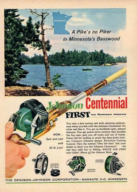 Vintage Magazine ad - Johnson Centennial fishing reel  ca 1950s Old Fishing Lures, Kayak Fishing Accessories, Vintage Fishing Reels, Fishing Kayak, Vintage Fishing Lures, Fishing Bobber, Fishing Rods And Reels, Walleye Fishing, Print Advertisement