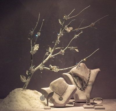 Visual Merchandising Ideas, Gold Display, Jewelry Store Displays, Merchandising Ideas, Jewelry Store Design, Jewellery Shop Design, Store Window Display, Store Window Displays, Winter Woods