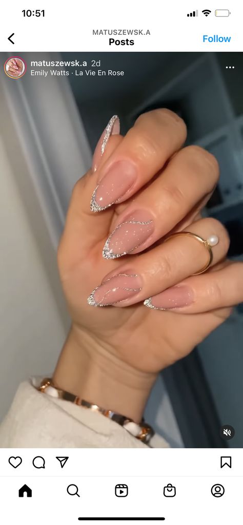 Minimal Silver Nails, Almond Prom Nails Acrylic, Silver Neutral Nails, Color French Tip Nails With Glitter, White French Tops With Glitter, Fancy Silver Nails, Subtle Bling Nails, Nude Nails Silver Glitter, Sliver Sparkly Acrylic Nails