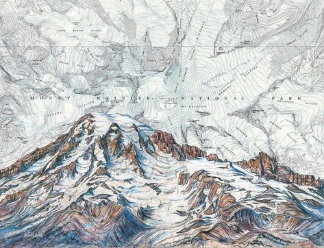 "My original Mt Rainier Summit painting on a vintage topography map comes in many print varieties. Choose from these options: Matted Prints: -5x7\" print in 8x10\" mat (some cropping of the image occurs to fit this size) -8x10\" print in 11x14\" mat -12x16\" print in 16x20\" mat Matted prints are quality matte archival prints and come signed with cardboard backing in a protective plastic sleeve. Mat sizes are easy to find standard frame sizes. The image sizes are approximate and printed to fit t Forest Park Portland, Washington Mountains, Topography Map, Mountain Illustration, National Parks Map, Mt Rainier, Lake Art, Mountain Print, Mountain Wall Art