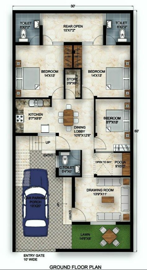 22x60 House Plan, 60x30 House Plans Layout, 30 X 60 House Plans Layout, 40x60 House Plan, 30x60 House Plans, Small House Design Floor Plan, 40x60 House Plans, 30x50 House Plans, Reka Bentuk Bilik Tidur