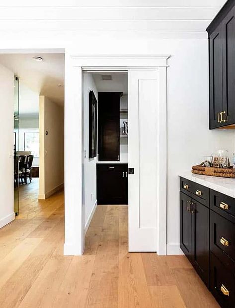 Contemporary kitchen with sliding pocket door to pantry Pantry Pocket Door, Kitchen Pantry Door Ideas, Kitchen Pantry Door, Frosted Glass Pantry Door, Sliding Pocket Door, Pantry Door Ideas, Pantry Door Organizer, Sliding Pantry Doors, Dining Room Table Marble