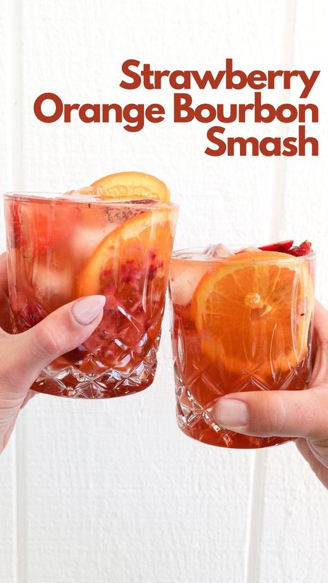 Prepare to tantalize your taste buds with the Strawberry Orange Bourbon Smash. This vibrant cocktail artfully combines the bright, citrusy notes of fresh oranges with the luscious sweetness of ripe strawberries, all elevated by the rich depth of bourbon. #StrawberryOrangeBourbonSmash Strawberry Bourbon Smash, Strawberry Whiskey Drinks, Strawberry Bourbon Cocktail, Burbon Drinks, Orange Bourbon Cocktail, Bourbon Cocktail, Bourbon Orange Cocktails, Spring Bourbon Cocktails, Peach Bourbon Cocktail