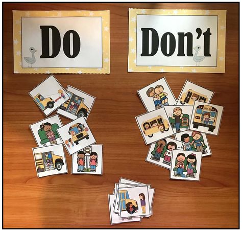 Back to School: Cute "Do or Don't" bus safety sorting game. The 24 picture cards depict different bus behavior. Children decide whether that graphic is a do or a don't. Quick, easy & fun way to reinforce bus safety rules. Nice center idea. Transportation Safety Activities, Bus Driver Activities For Preschool, School Bus Safety Week Ideas, Bus Theme Preschool, Pedestrian Safety Preschool Activities, Teaching Safety To Preschoolers, Bus Activities For Preschool, Bus Safety Activities, Bus Safety For Preschoolers