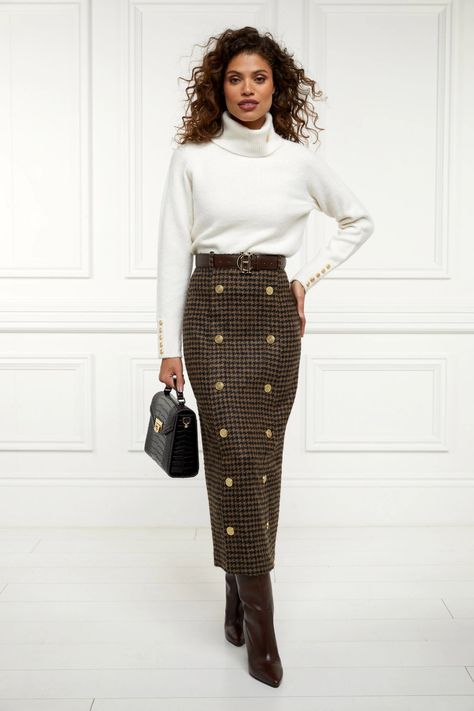 Holland Cooper | Knightsbridge Chocolate Houndstooth Maxi Skirt | Autumn • Winter Fashion Maxi Skirt Autumn, Maxi Skirt Fall, Holland Cooper, Skirt Collection, Houndstooth Pencil Skirt, Pencil Silhouette, Button Skirt, Houndstooth Dress, Classic Wardrobe Staples