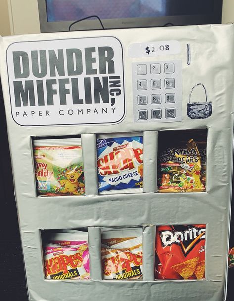 Dunder Mifflin decor vending machine for the party table! Dunder Mifflin Birthday Party, Dunder Mifflin Party, Office Themed 30th Birthday Party, The Office Retirement Party, The Office Theme Party Ideas, The Office First Birthday, Office Themed Birthday Party, The Office Bday Party, The Office Themed Party