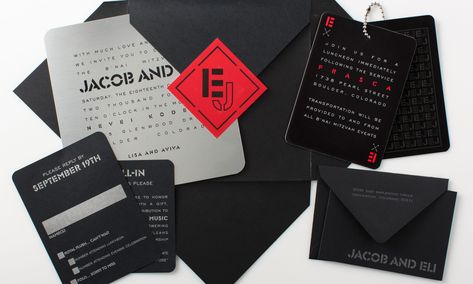 This b’nai mitzvah set featuring a brushed metal ceremony invitation and plastic party “cards” was delivered in a black, pouch-like mailer. Party cards are chained together as a pair, so fitting for twin boys! The initials J and E (and E and J to keep it equal) are used throughout the set. The colors, papers, fonts and theme can easily be customized to fit your event. E And J, Vip Invitation, Bnai Mitzvah, Mitzvah Invitations, Ceremony Invitation, Black Pouch, Bar Mitzvah Invitations, Red Bar, Twin Boys