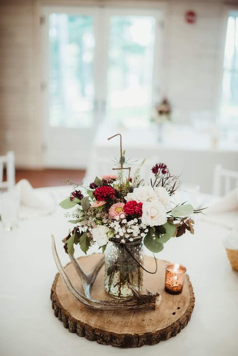 Antler Centerpiece Wedding, Antler Wedding Centerpieces, Antler Wedding Decor, Antler Centerpiece, Western Centerpieces, Wood Chargers, Antler Wedding, Madison Wisconsin, Outdoor Wedding Decorations