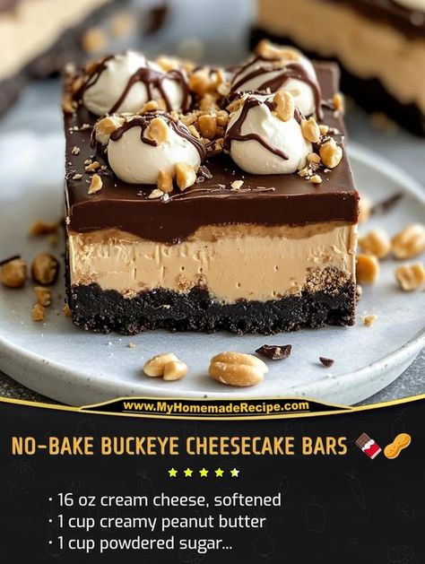 Cheesecake Bar Recipes Easy, No Bake Buckeye Cheesecake Bars, Buckeye Cheesecake Recipe, Buckeye Cheesecake Bars, Buckeye Cheesecake, Buckeye Dessert, Buckeye Bars Recipe, Buckeye Bars, Cheesecake Bar