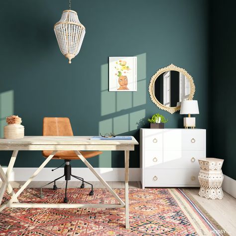 Boho With A Side Of Eclectic Glam - Home Office Design Ideas & Photos Colorful Eclectic Office, Pop Of Color Office, Blue Boho Office, Bright Office Ideas, Sage Green Home Office, Eclectic Office Decor, White Modern Office, Slip Covered Dining Chairs, Eclectic Home Office