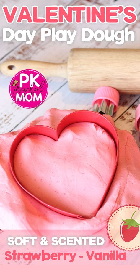 Playdough Valentine, Valentines Day Recipes, Easy Homemade Playdough Recipe, Soft Play Dough, Valentine's Activities, Play Dough Recipe, Strawberry Treats, Homemade Playdough Recipe, Preschool Mom