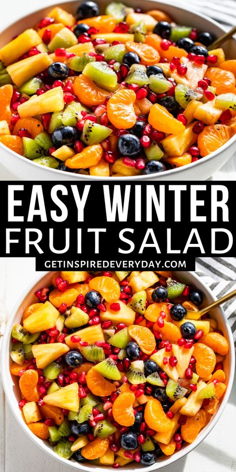 This Winter Fruit Salad is super fresh, juicy, and tossed with a honey lime dressing that makes it irresistible! Deep into the winter months, there’s still plenty of fruit ‘in season’ so to speak for all those fresh produce cravings. Sweet pineapple combines together with kiwi and mandarin oranges, with a bright pop of juicy pomegranate arils, and some optional blueberries. It’s perfect alongside so many recipes for brunch, potlucks, and holiday meals as well. Winter Fruit Platter, Fruit Salad Winter, Winter Fruit Salad Recipe, Holiday Fruit Salad, Festive Fruit Salad, Salad With Lime Dressing, Thanksgiving Fruit Salad, Recipes For Brunch, Christmas Fruit Salad